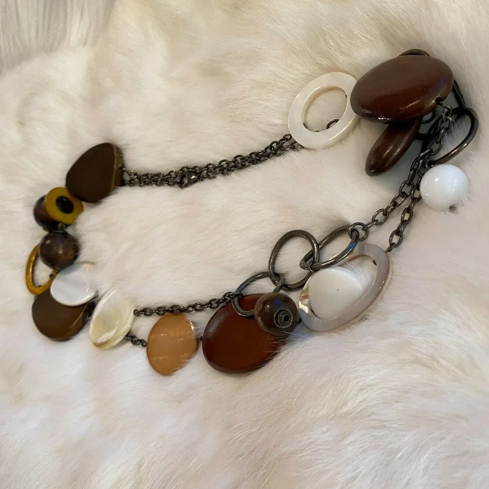 Western‎ Necklace Festival Wood Shell Mixed Media Mother of Pearl Boho Long 6184